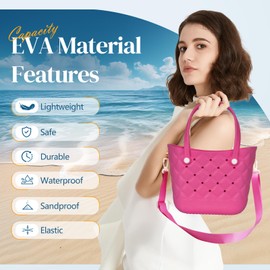 Kcizloz Small Rubber Tote Bag Waterproof Beach Bag with Strap Lightweight Beach Crossbody Tote For Woman and Girl (Hot Pink)