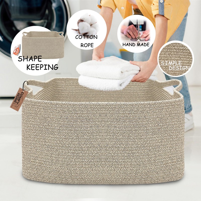 COMFY-HOMI Large Rectangular Blanket Basket, Woven Cotton Rope Baskets for