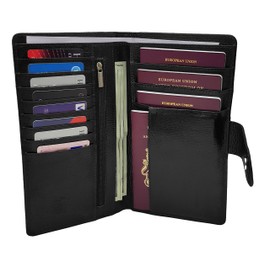 Buono Pelle 100% Real Leather Travel Wallet & Family Passport Holder Cover RFID Blocking- Document Organizer Case (Carbon Black)