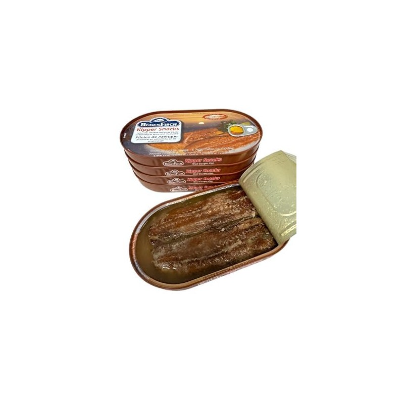 Rugen Fisch Kipper Snacks, Smoked Herring Fillets, 3.54 oz Cans