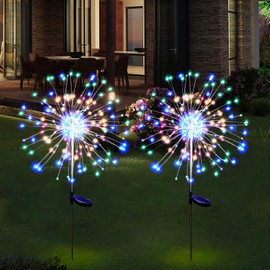 Solar Garden Firework Lights Outdoor Waterproof 2 Pack 150 LED Sparklers Solar Lights for Outside Patio Backyard Yard Pathway Walkway Decorations 4th of July Decorations (Colorful)