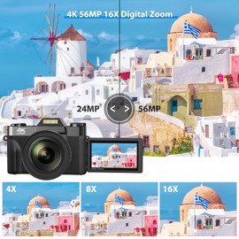 VETEK Digital Camera, 4K Vlogging Camera for YouTube 56MP 16X Digital Zoom Manual Focus Students Compact Photography Camera with 52mm Wide-Angle & Macro Lens, 32G TF Card and 2 Batteries(Black)