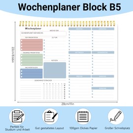 Weekly Planner Pad, 28 x 22 cm Spiral Bound To Do List Pad, 52 Sheets Undated Weekly Planner with To Do List & Habit Tracker, To Do Planner for Study Work (Blue)