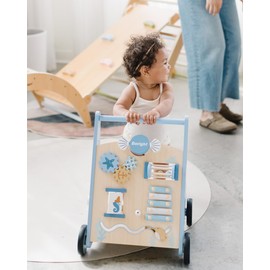 Beright Wooden Baby Walker Push and Pull Learning Activity Walker with Wheels Montessori Walker Toy Multiple Activities Center Develops Motor Skills & Stimulates Creativity (Blue)