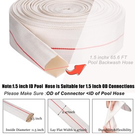 Backwash Hose 1-1/2"ID x 65.6ft Swimming Pool Discharge Hose Heavy Duty PVC Water Hose With 2 Clamps General Purpose Lay-Flat Pump Drain Pipe for Water Transfer Applications, White