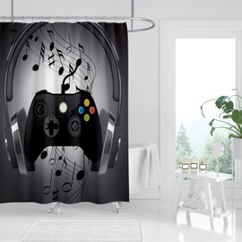 Shower Curtain Gamer Bathroom Shower Curtains Red Black Bathroom Decor Kids Teens Video Game Gamepad Waterproof Cloth Fabric with 12 Hooks Bathroom Accessories 72x72 Inch (Black Game)