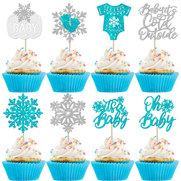 Paquete de 24 adornos para cupcakes con purpurina para bebé, diseño de copos de nieve, diseño de copos de nieve, decoración de cupcakes para baby shower, invierno, para fiestas de cumpleaños, color azul
