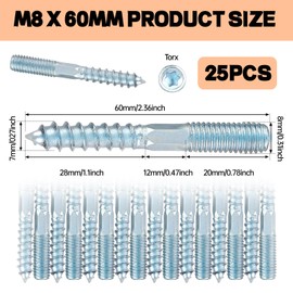 GHVACZS Pack of 25 Hanger Bolts M8, M8 x 60 mm Torx Hanger Bolts, Double Thread Carbon Steel Galvanised, Accessories for Pipe Clamp Attachment and Furniture Assembly