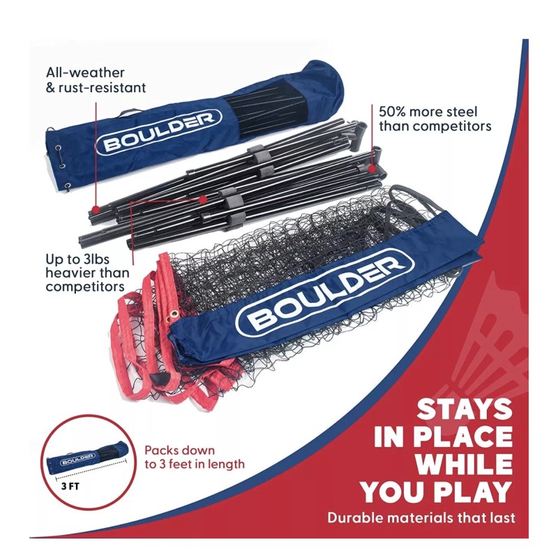 Boulder Badminton Pickleball Net - Height Adjustable Portable Net 10Ft
