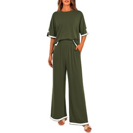 MASCOMODA Womens Summer 2 Piece Outfits Crewneck Short Sleeve Tops Wide Leg Long Pants Matching Lounge Sets Tracksuit(Black,Small)