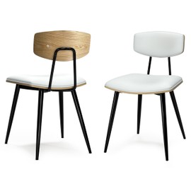 SIMPLIHOME Mavis Dining Chairs - Mid-Century Modern Iron Frame and Vegan Faux Leather Kitchen Chair Set in White, Dining Room Seating with Curved Wood Veneer Backrest and Padded Seat (Set of 2)