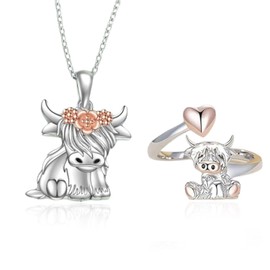 LSYYSL 1 Cow Ring and 1 Cow Necklace, Cute Animal Jewelry, Adjustable Jewelry, Creative Styling Jewelry