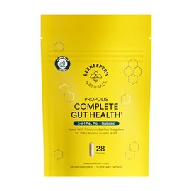 Beekeeper's Naturals Complete Gut Health, 3-in-1 Prebiotic, Postbiotic, Probiotics for Women & Men, Propolis Powered, Gluten-Free Vegan Capsules, 28ct