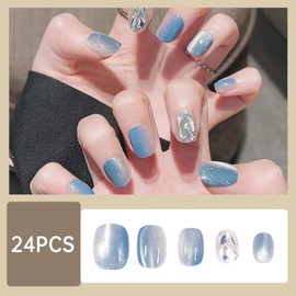 CATKIN Press On Nail Fasle Nail with design 24pcs Full Cover Reusable Acrylic Nails Artificial Nails for Women girls Medium Square Decoration Fake Nails Silver Blue 06