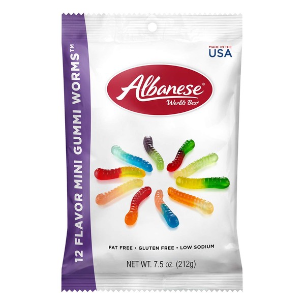 Albanese World's Best 12 Flavor Mini Gummi Worms, 7.5oz Bag of Candy (Pack of 12)