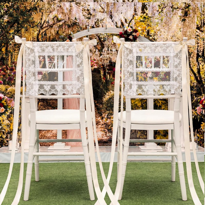 Breling 2 Pcs Lace Just Married Wedding Chair Signs Sweetheart
