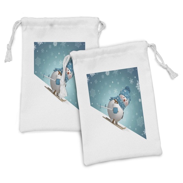 Lunarable Snowman Fabric Pouch Set of 2, Fluffy Smiling Snowman
