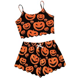 EVELUST Women Pumpkin Print Pajama Set - Thanksgiving Lettuce Trim Crop Top High Waist Shorts Loungewear Cute Sleepwear(BlackOrange,XL,1154e)