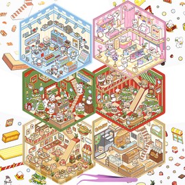 6 Sets DIY 3D Fun Mini Animal House Scene Stickers with Tweezers Make Your Own Rabbit Dog Capybara Bear Shop Sticker Scenes Cute Micro Stickers for Relief Stress Pass The Time