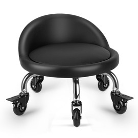 LWADALN Rolling Stool with Backrest Low Height Rolling Stool with PU Leather, Roller Stool Chair, Roller Seats for Home, Office, Garage, Shop, Library (3.2" h Casters)