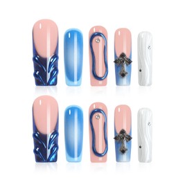 HOMSERA Blue Handmade Long Square Press on Nails XL French Tip Fake Nails with 3D with Cross and Circle Decoration, Reusable Full Cover Acrylic Fake Nails for Women