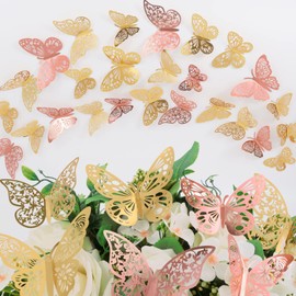 Nelotaor 144 Pcs Butterfly Wall Decor, 3 Styles 3 Sizes 3D Butterfly, Gold and Rose Gold Butterfly, Wedding Decorations, Birthday Party Decorations, Girls Bedroom Decoration (144 Pcs, Gold and Rose Gold)