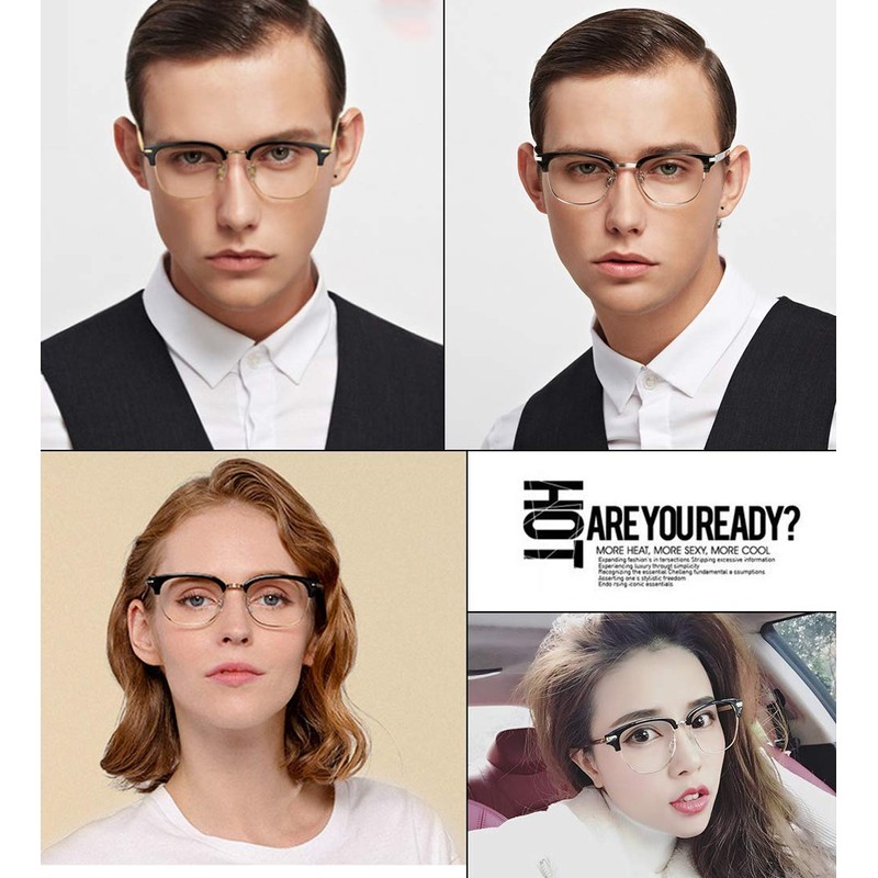 ALWAYSUV Retro Metal Semi-Rimless PC Clear Lens Unisex Glasses Black