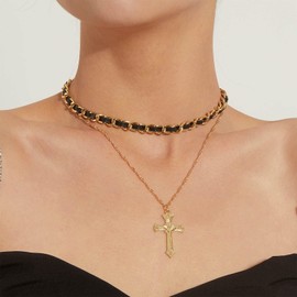 Yienate Vintage Gold Layered Cross Necklace Black Leather Choker Chain Cross Pendant Gold Multilayer Charm Necklace Jewellery for Women and Girls