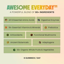 Awesome Everyday Superfood Gummies for Adults – Daily Multivitamin for Women & Men - EAAs, Mushrooms & Adaptogens - Vegan, No Artificial Flavors, Colors or Seed Oils - Essential Amino Acids - 28 Count