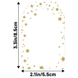 jijAcraft Gift Tags with Gold Glitter Stars Dots: 8.5x5.5CM White Gift Tags 100PCS Blank Paper Tag with String Present Labels for Gift Wrapping, Birthday, Wedding, Party, Baby Shower, Christmas