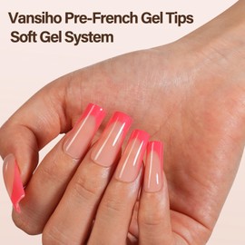 150Pcs French Gel Nail Tips, Vansiho Long Square Nail Tips, Pink Pre-French Tips Press on Nails, Soak Off Soft Gel Acrylic Fake Nails for Nail Art DIY 15 Sizes
