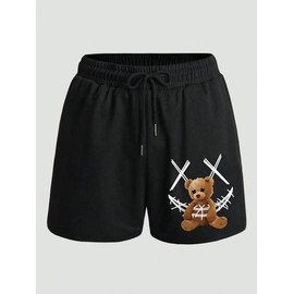 Summer Clothes, Men's Regular Fit Cartoon Bear Print Drawstring Waist Shorts, Casual Soft Comfy Straight Leg Track Shorts for Summer, Men's Bottoms for Daily Wear - Color: Black, Size: M