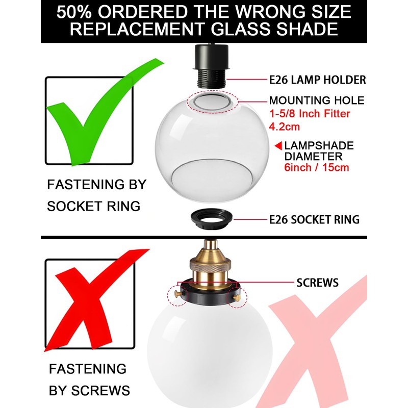 3 Pack Fixture Replacement Globe Shade, 6 Inch Diameter, E26