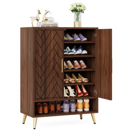 LITTLE TREE 6-Tier 24 Pairs Shoe Cabinet with Doors, Vintage Walnut Wood Entryway Shoe Cabinet with Adjustable Shelves for Living Room, Bedroom