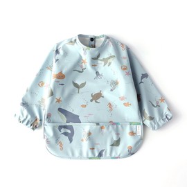 Kids Eating Apron Waterproof with Pocket Sleeved Smock Soft Washable Bib Colorful Eating Outfit Blue Dinosaur S 6 to 12 Month