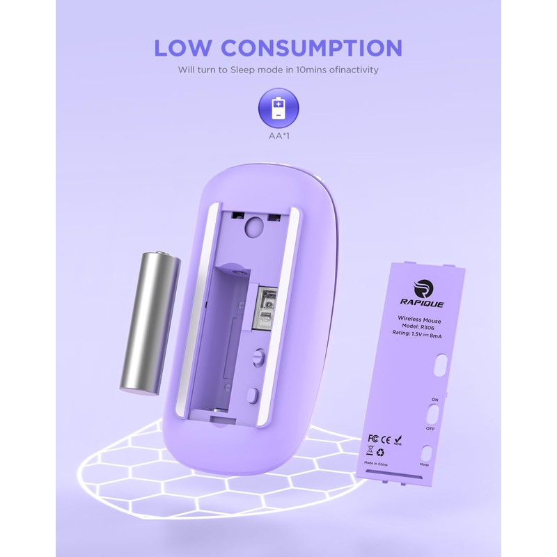 RAPIQUE - mouse inalámbrico Bluetooth, morado, 1600 DPI, larga vida