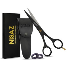 NISAZ - 6.5” Professional Black Hair Scissors with Leather Pouch in Box - Premium High Carbon Stainless Steel Barber Shears for Men, Women & Kids - Hair Cutting Scissors for Home & Salon Use