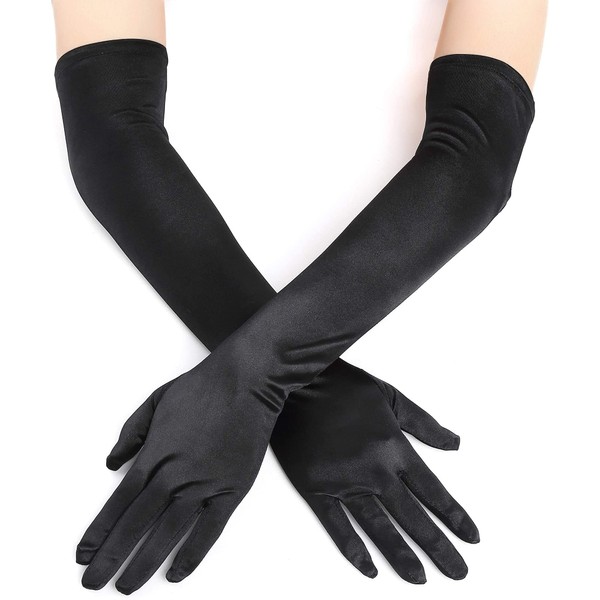 IRYNA 1Pair Long Opera Satin Gloves for Women, Black Elbow Length Gloves Bridal Fancy Dress Gloves Wedding Evening Party Opera Gloves