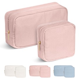 Aucuu Corduroy Cosmetic Bag, 2 Pcs Makeup Bag, Small Cosmetic Bag, Travel Makeup Pouch, Striped Corduroy Portable Bag with Metal Zipper, Travel Cosmetic Bags Organizer for Women, Travel, School, Gift