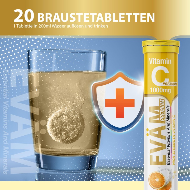 EVÄM Premium Vitamin C 1000 mg Effervescent Tablets, Orange Flavour,