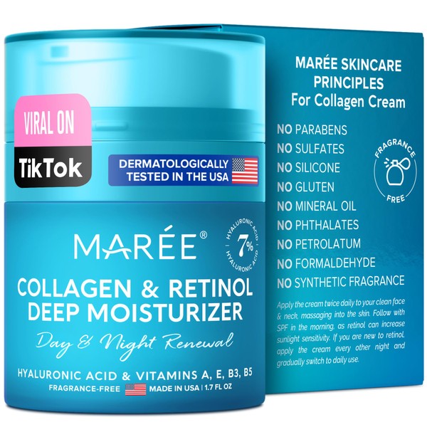 MAREE Night Cream - Collagen Anti Wrinkle Moisturizer for Skin with Hydrating & Face Lift Effect - Day & Night Time Facial Cream with Hyaluronic Acid & Retinol - Anti Aging Cream for Face - 1.7oz