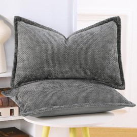 Madizz Set of 2 Chenille Velvet with Edge Cushion Covers, Soft Decorative Cushion Covers, Modern Cushion Cover for Sofa, Living Room, Bedroom, Dark Grey, 40 x 80 cm