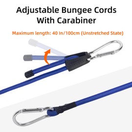 GOLDEROC Adjustable Bungee Cords With Carabiner Clips – 4 Pack, 40 In Bungee Straps With Hooks, Long Bungee Cords With Hooks For Sun Shelters, Tarps, Bike, Motorcycle, Car(Blue)