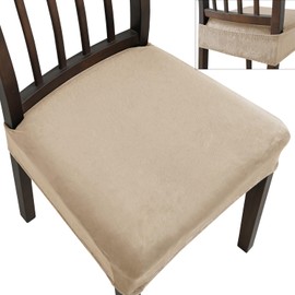 KELUINA Dining Chair Seat Covers, Stretch Velvet Chair Seat Slipcovers Protector, Removable Washable Kitchen Chair Covers for Dining Room Chairs (Set of 2, Khaki)