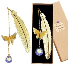 2 PCS Metal Feather Bookmarks for Birthday Gifts, Exquisite Bookmark with 3D Butterfly and Glass Bead Pendant, Uniquely Book Marker for Book Lover Student Readers, Appreciation Gifts for Teachers (GL)