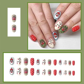 Christmas Press on Nails Short Almond Fake Nails Acrylic False Nails with Santa Claus and Elk Designs Full Cover Press ons Glue on Nails Short Stick on Nails for Women 24Pcs