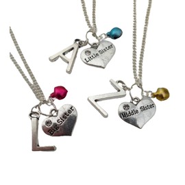 Silver Plated Necklace Big Middle Little Sister Love Heart Gem Charm Initial Letter
