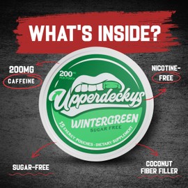 Upperdeckys, Cool Wintergreen Caffeine Energy Pouches - Free Replacement or Alternative for Focus and Energy - Sugar Free Nootropic Pouches, Made in the USA & Delicious Flavor (4-Pack, 200mg)