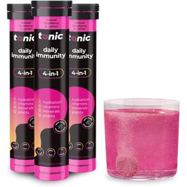 Tonic Health Daily Immunity Tablets - 4-in-1 Effervescent Multivitamins, Minerals & Phytonutrients - Vitamin D, Vitamin C and Zinc - Vegan, No Sugar- Max Strength Tablets, Raspberry & Lemon, 60 Count