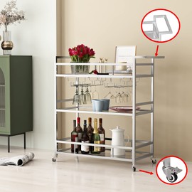 LORMITER Silver Bar Carts with 3 Tier Glass Shelves, Rolling Serving Bar Cart with Wine Rack and Glass Holder, Home Bar Carts & Wine Carts on Wheels for Kitchen, Indoor & Outdoor